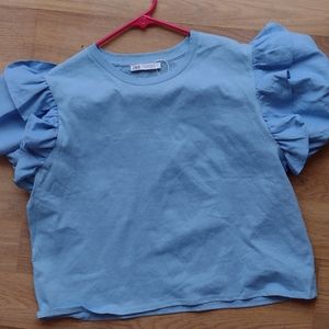 ZARA LIGHT BLUE RUFFLE SLEEVE TOP